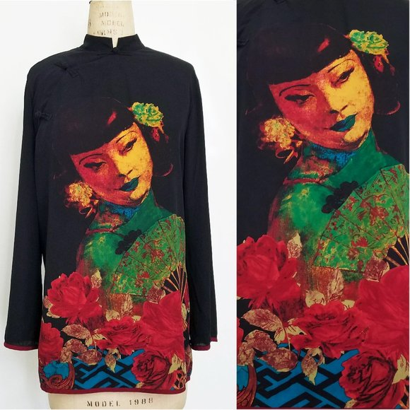 Harari Tops - Harari Womens Silk Tunic Top Asian Print Wearable Art Black L